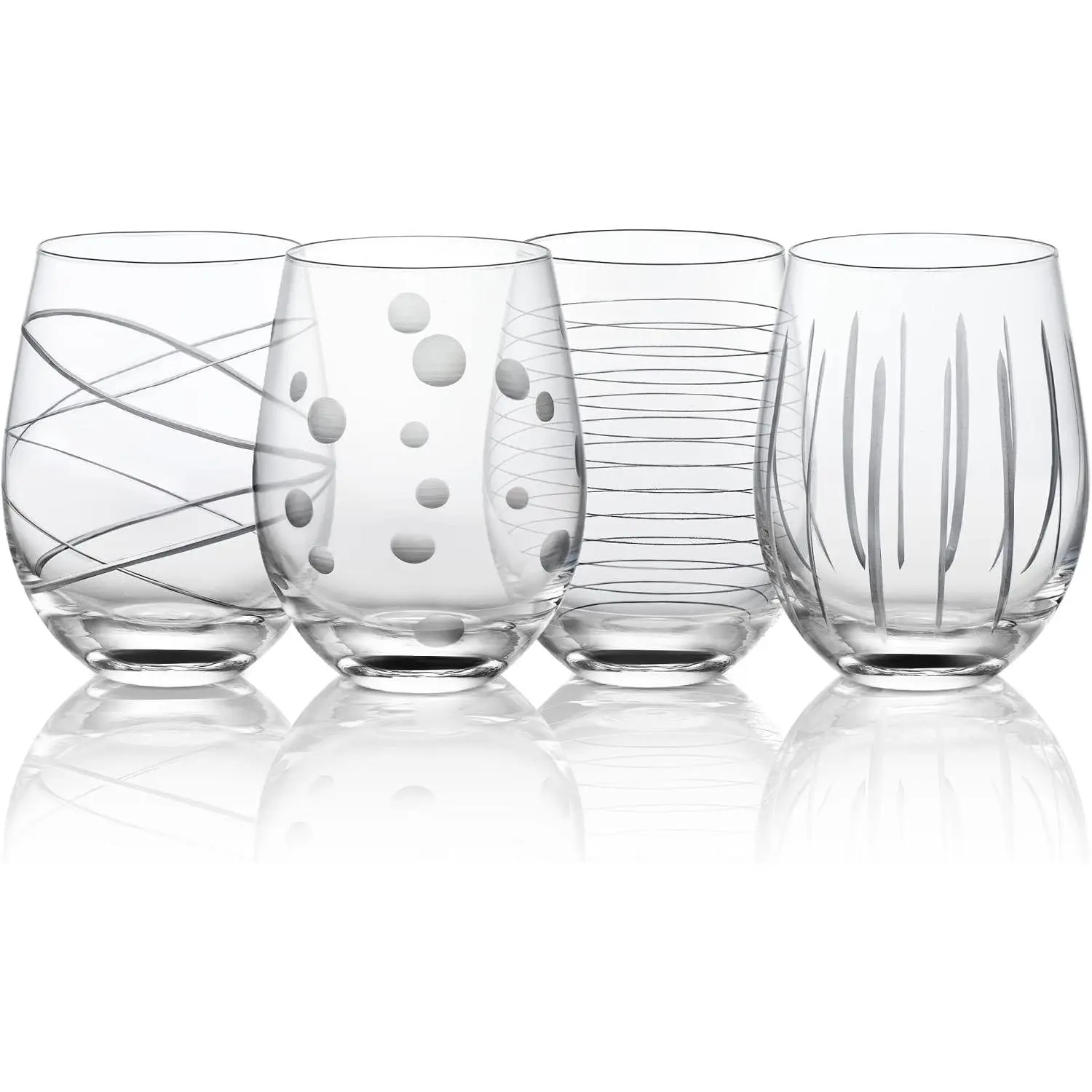 Joeyan Hand Blown Etched Stemless Wine Glasses with Dots Strips Pattern for Red Wine,Large Carved Drinking Glass Cups Tumblers for Wedding Anniversary Party Home,Set of 4,17.5 oz Gift