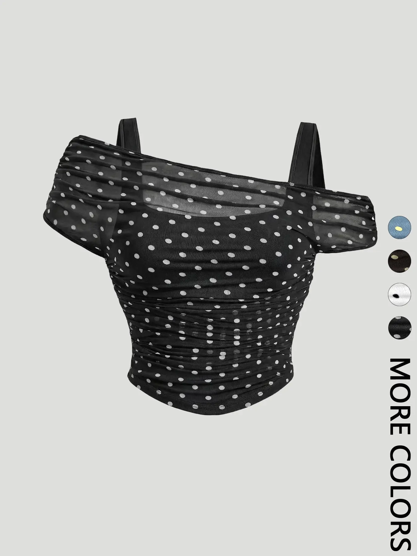 Women's French-Style Polka-Dot Off-Shoulder Crop Top, Sheer Mesh Ruched Blouse for Date Night and Party
