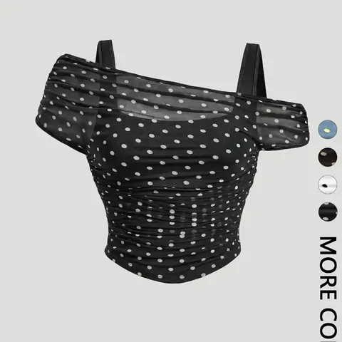 Women's French-Style Polka-Dot Off-Shoulder Crop Top, Sheer Mesh Ruched Blouse Shirt Top, Blouses Shirts Tops for Date Night and Party