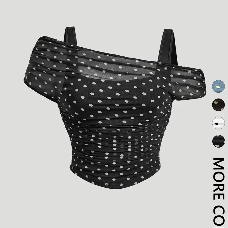 Women's French-Style Polka-Dot Off-Shoulder Crop Top, Sheer Mesh Ruched Blouse Shirt Top, Blouses Shirts Tops for Date Night and Party