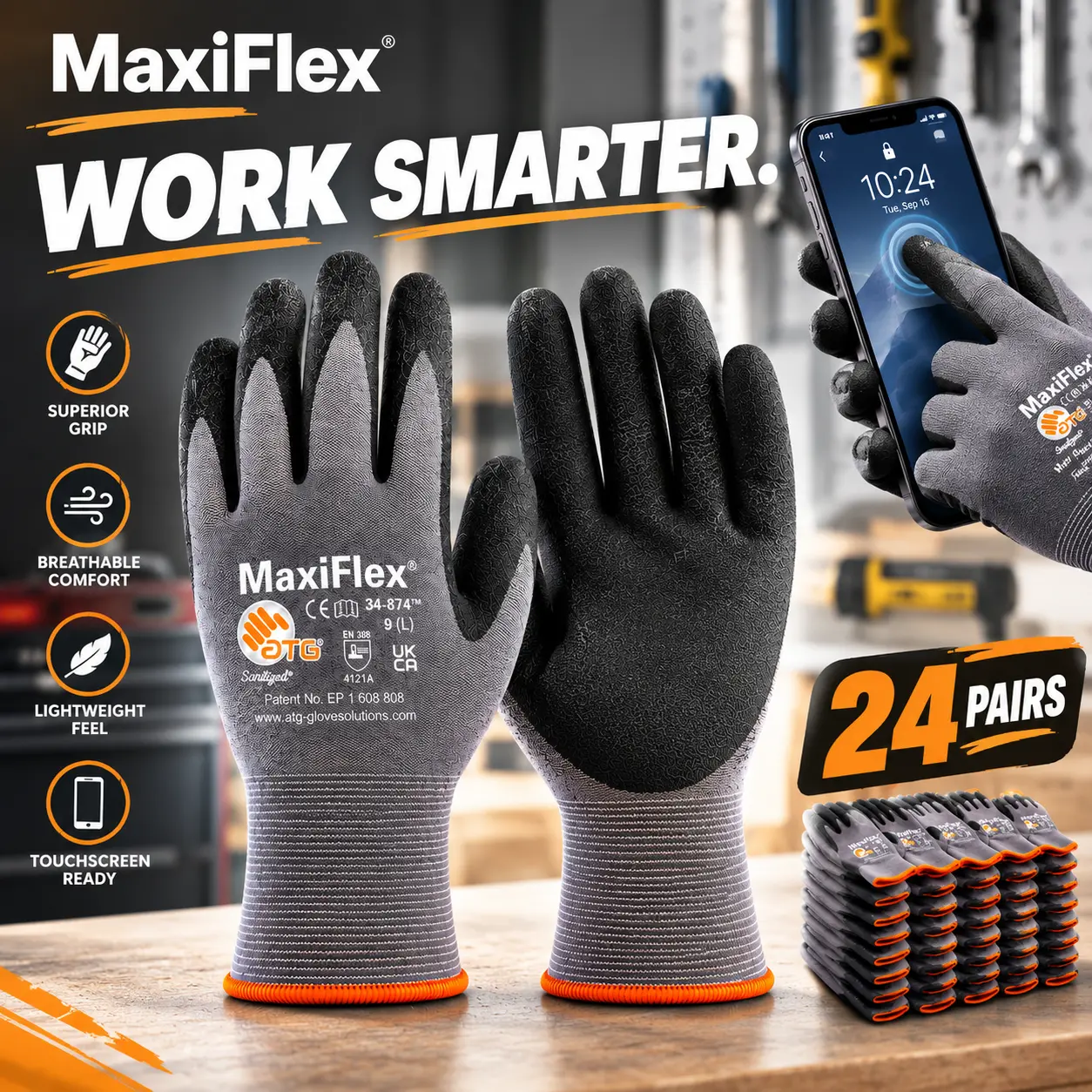 24 Pairs MaxiFlex Nitrile Work Gloves For Winter 3 Size M/L/XL- Touchscreen Compatible Palm Grip for Contractors, Mechanics and DIY Users Working on Construction, Gardening, Assembly and Repairs
