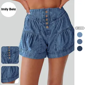 Imily Bela Womens Summer Flowy Jean Shorts Button Up High Waisted Wide Leg Denim Skort with Pockets