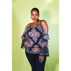 Print Blouse with Cut Out Shoulders and Ruffle Trim Fabric Shirts Top Womenswear