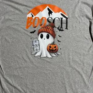 Boosch Brand Trendy Halloween Tee - Ghost Design with Busch Light Can & Pumpkin - Menswear Short Sleeve Tshirt - Gray Color