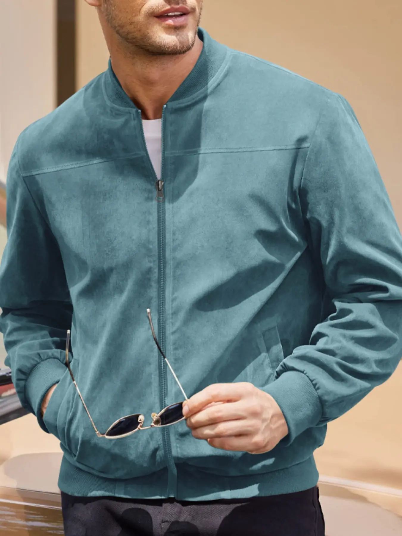 Men's Fall Outfits Suede Zipper Fitted Long Sleeve Jacket for Daliy Wear, Casual Fashion Jacket, Full-Length Multi-Pocket Coat, Casual Trendy Coat, Casual Streetwear Street Style Sporty Essential Outerwear, Must-Have Wardrobe Item, Menswear