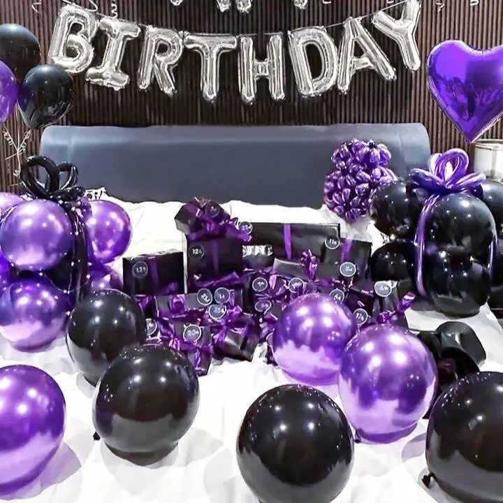 61pcsSet 16-Inch Silver Happy Birthday Foil Balloon Set with Black, Purple Latex & Heart Balloons for English Letters Decoration foil balloon party decoration birthday decoration