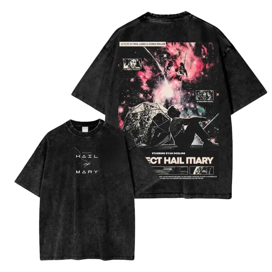 Men's Classic Vintage Acid Wash Project Hail Mary Movie Poster Graphic Tee - Ryan Gosling Sci-Fi Oversized Unisex Streetwear T-Shirt