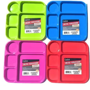 Cooking Concepts 5-Section Divided Lunch Tray 10" x 10" Plastic Microwave & Dishwasher Safe 4 Pack in Vibrant Colors