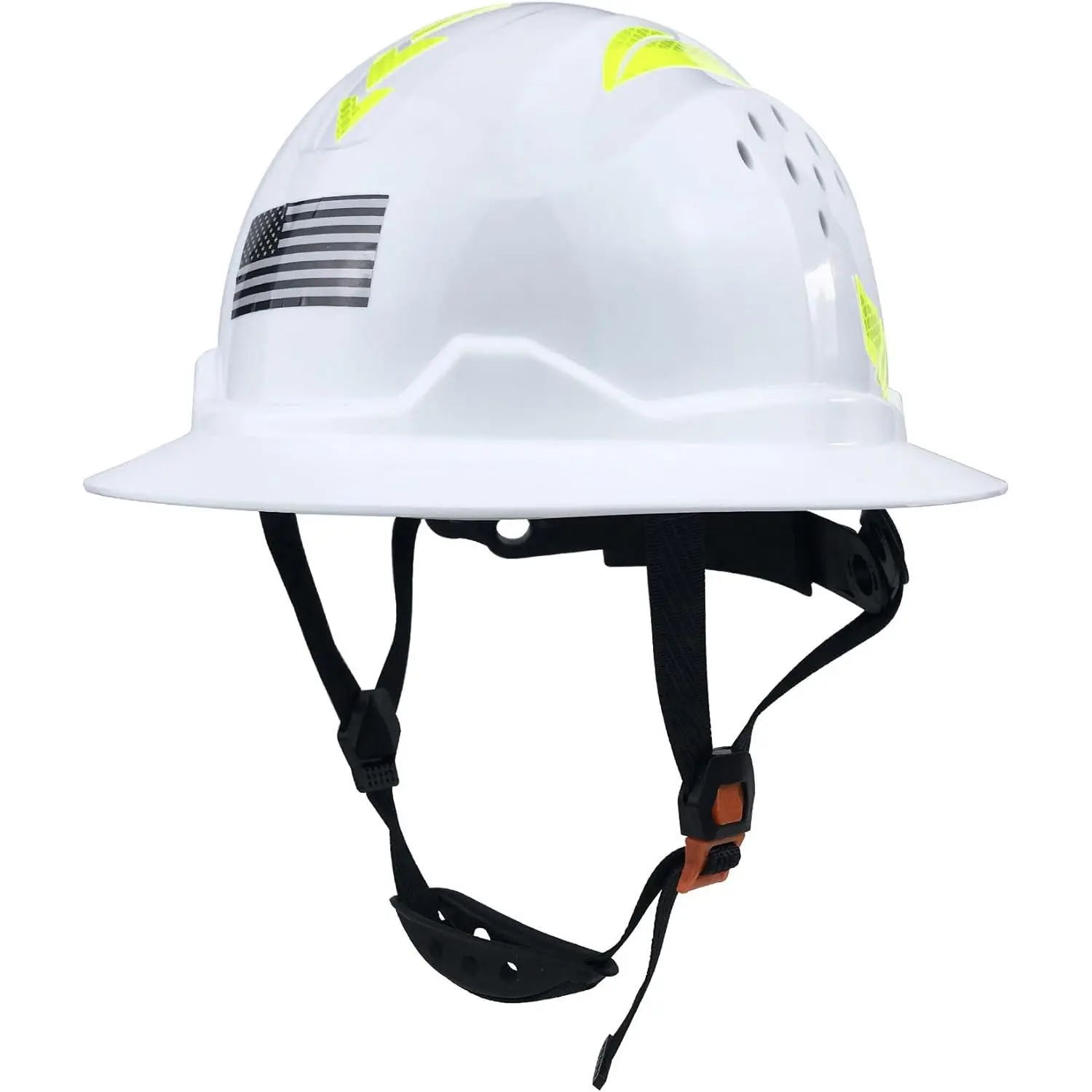 Full Brim Safety Helmet for Construction & Industrial Rescue Work, HDPE Ventilated Head Protection with Reflective Stickers & Brand Logo, ANSI Z89.1 Certified Wide Brim Design