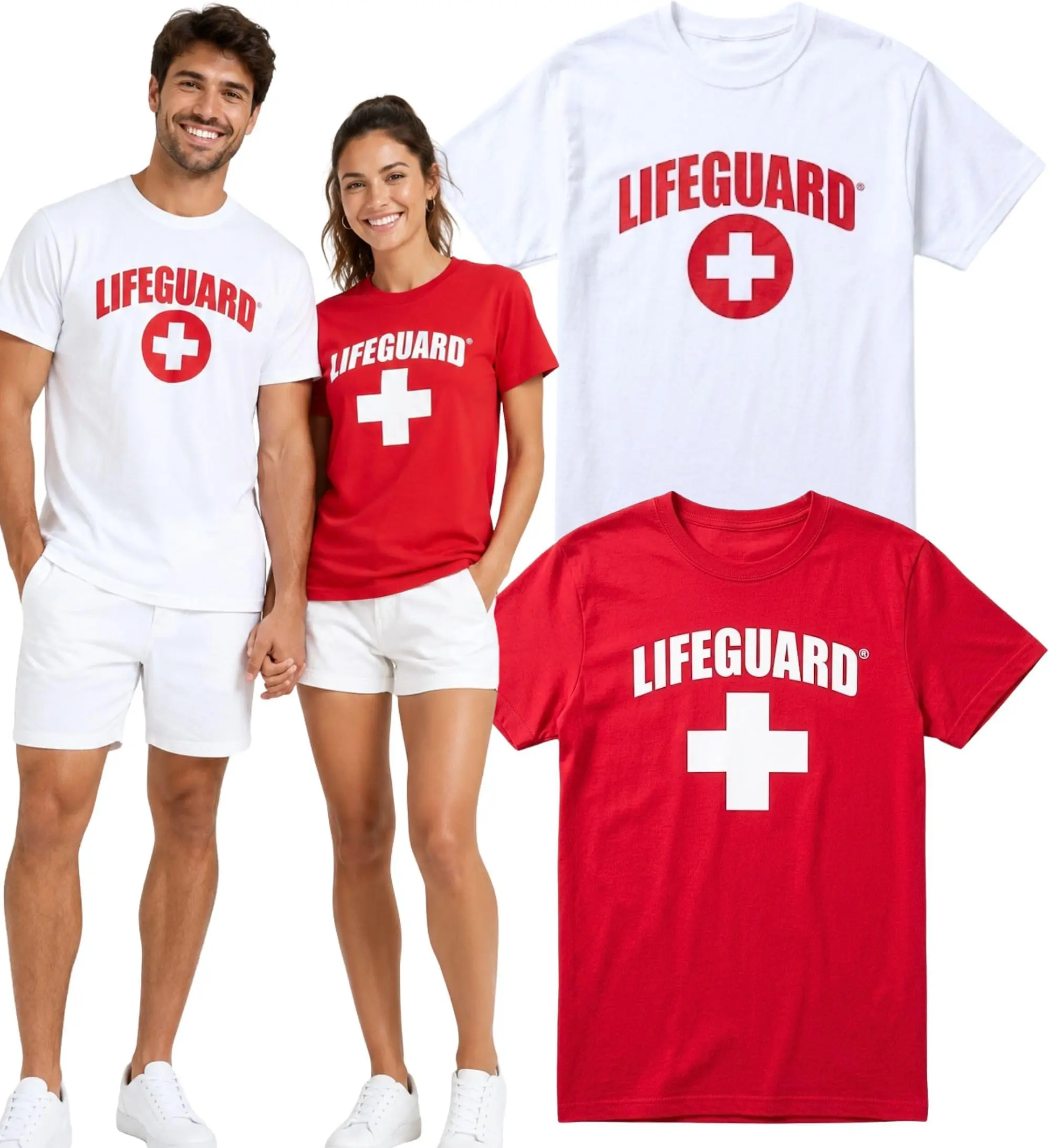 2 side Lifeguard T-shirt, White & Red Lifeguarding Unisex Uniform Costume Life Guard T-Shirt for Men Women