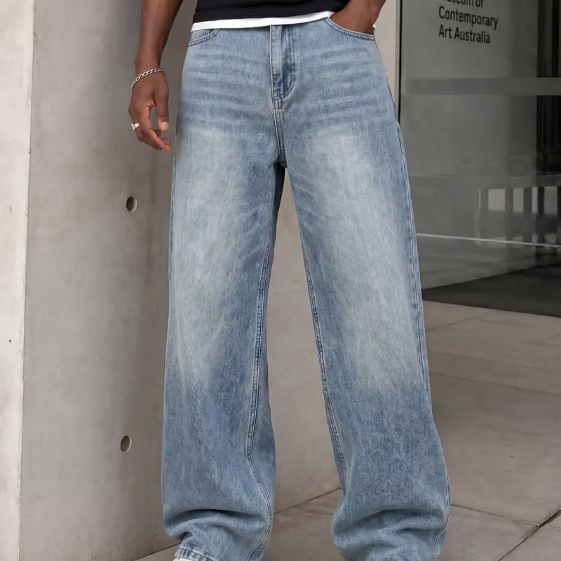 Men's loose straight leg jeans, vintage faded washed straight leg pants, Y2K American street daily wear denim pants