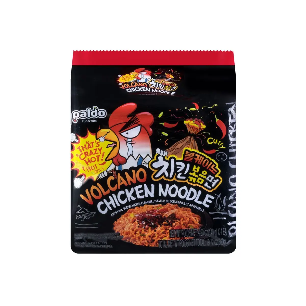 PALDO Buldak Fire Chicken Stir-Fried Noodles - 4 Pack Spicy Korean Ramen, 560g
