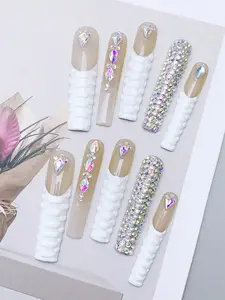 NAILROSY 10Pcs Handmade Press On Nails Long Coffin Acrylic Floral Manicure Y2K Cute Rhinestone Gem Stuff For Girls Women Festivals Parties Daily Wear