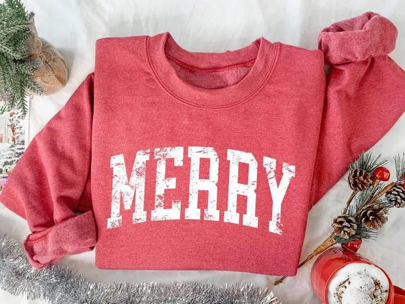 Retro Merry Sweatshirt, Women Christmas Shirt, Festive Holiday Sweater, Cute Christmas Gift