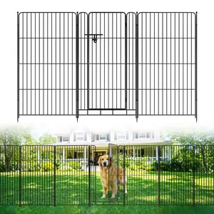 Garvee No-Dig Metal Garden Fence 8 Pack with Door - 48in H x 17.7ft L Animal Barrier - Decorative Outdoor Dog & Pet Fencing for Yard, Patio - Black, Playpen Panel Set, 48in x 27in