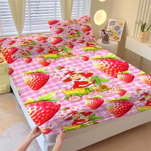 Strawberry Shortcake Gingham Fitted Sheet Set, 1 Fitted Sheet + 2 Pillowcases - 3 Pcs Soft Breathable Bedding with Deep Pocket, 360° All-Round Wrap, Wrinkle Resistant, Cute Strawberry Cartoon Bed Sheets for Girls Bedroom Decor, Full Size