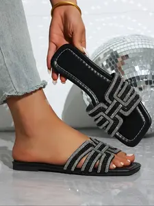 Women's Fashion Luxury Flat Sandals, Pearl & Rhinestone Decor, Square Toe Design, Multiple Colors Available, Style Pursuit, Rubber, Flat Shoes Sandals