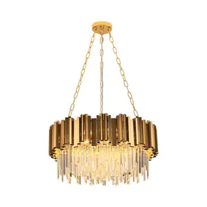 Modern Gold Round Crystal Chandelier, 23.6 Inches Diameter, Adjustable Height, 8 Lights
