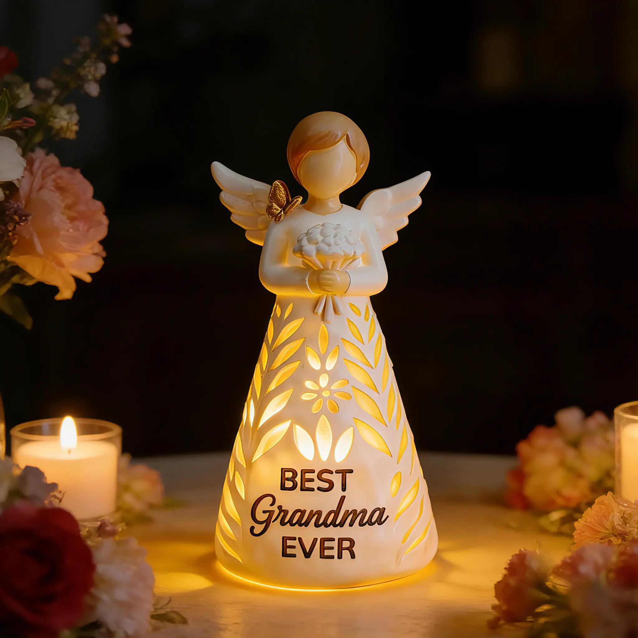 Granny Angel Figurine with Remote-Controlled Warm Lights - Unique Home Decor for Mother’s Day, Beautiful Symbolism Gift from Granddaughter/Grandkids (No Batteries Included), Birthdays