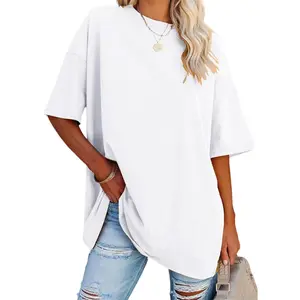 Women's 100% Cotton Oversized T-Shirts, Solid Color Crew Neck Short Sleeve, Casual Loose Fit Plain Summer Tunic Tops