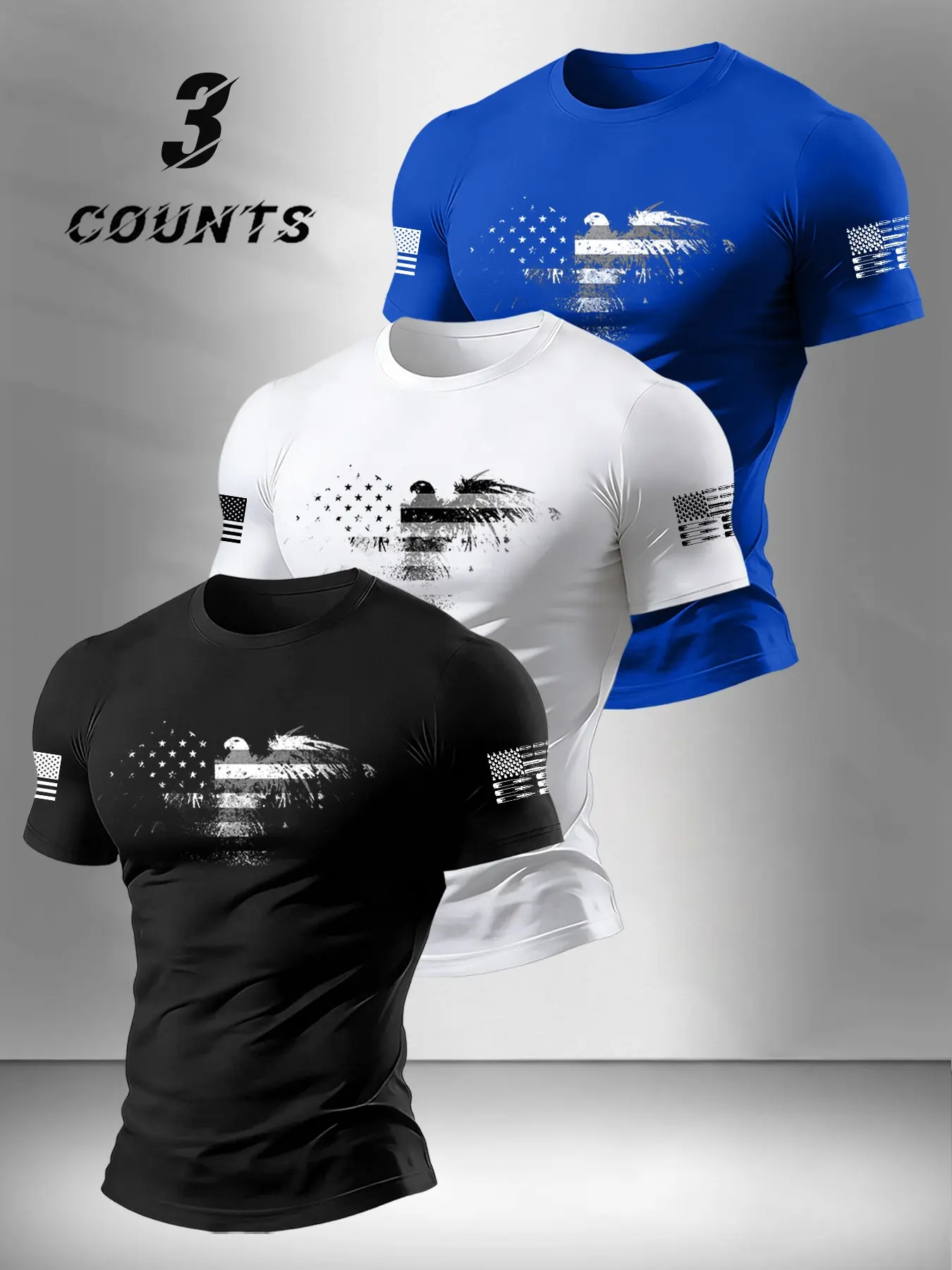 Men's Summer Fashion T-Shirt Set of 3, Patriotic Hardcore Vintage Flag Print, Round Neck Soft Casual Short Sleeve, Outdoor Streetwear, Casual Streetwear Top