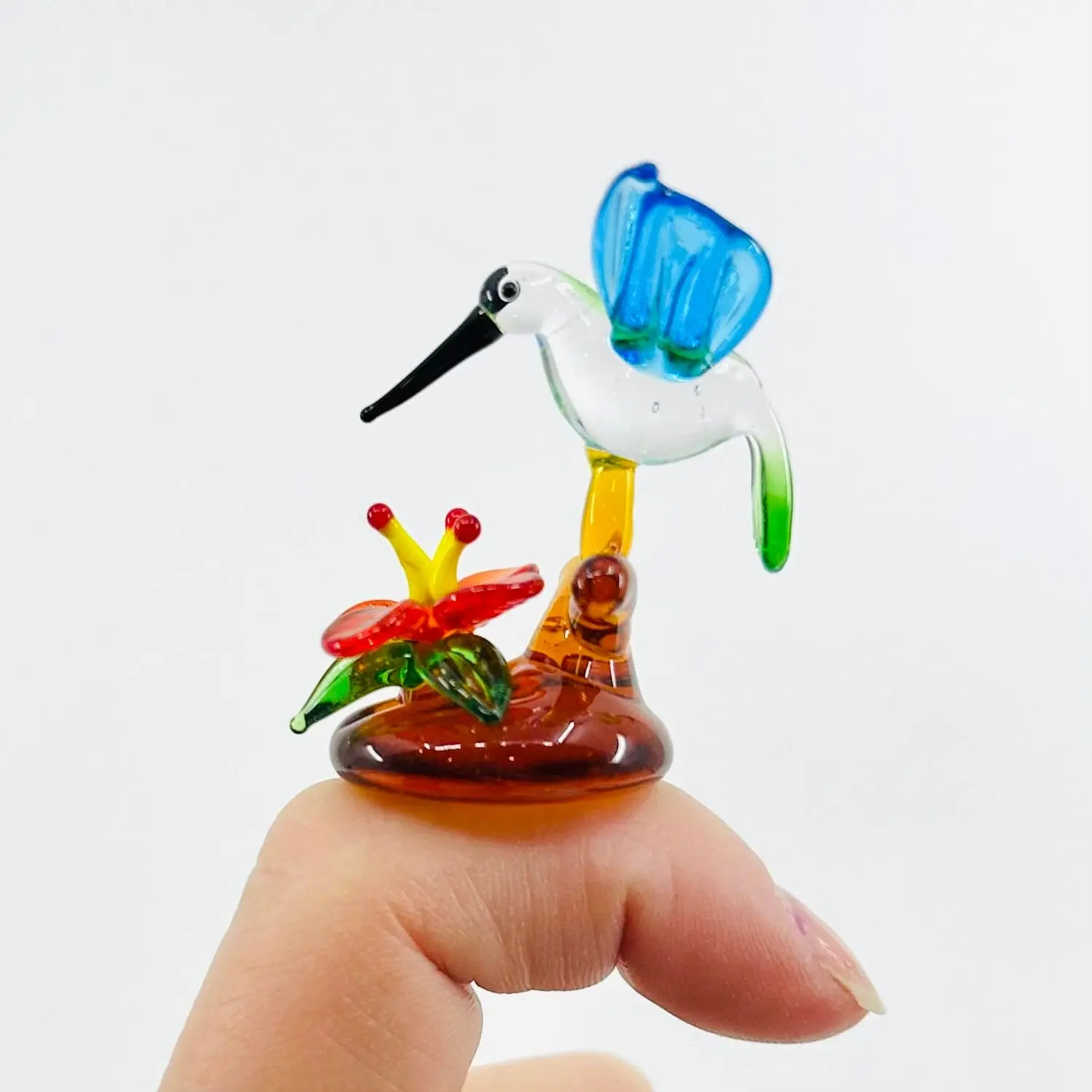 Miniature Glass Hummingbird Sculpture with Flower