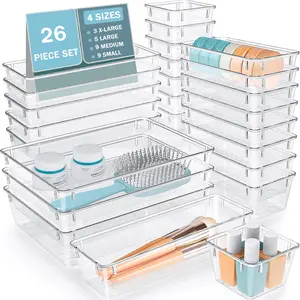 26 PCS Drawer  Bins, 4 Size Clear Plastic Stackable Vanity Drawer  and Storage, Non-Slip Storage Bins for Makeup, Kitchen, Bathroom organizer