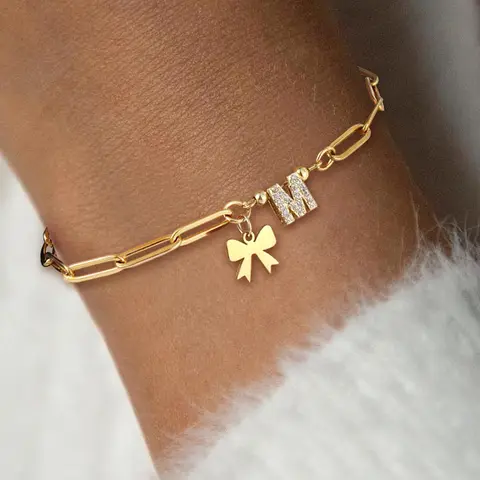 Bowknot Design Initial Bracelet, Rhinestone Decorated Link Bracelet for Women & Girls, Letter Link Bracelet, Initial Letter Bracelets, Fashion Jewelry for Party, Daily Decor, Fashionable Bracelet, Stainless Steel Bracelet