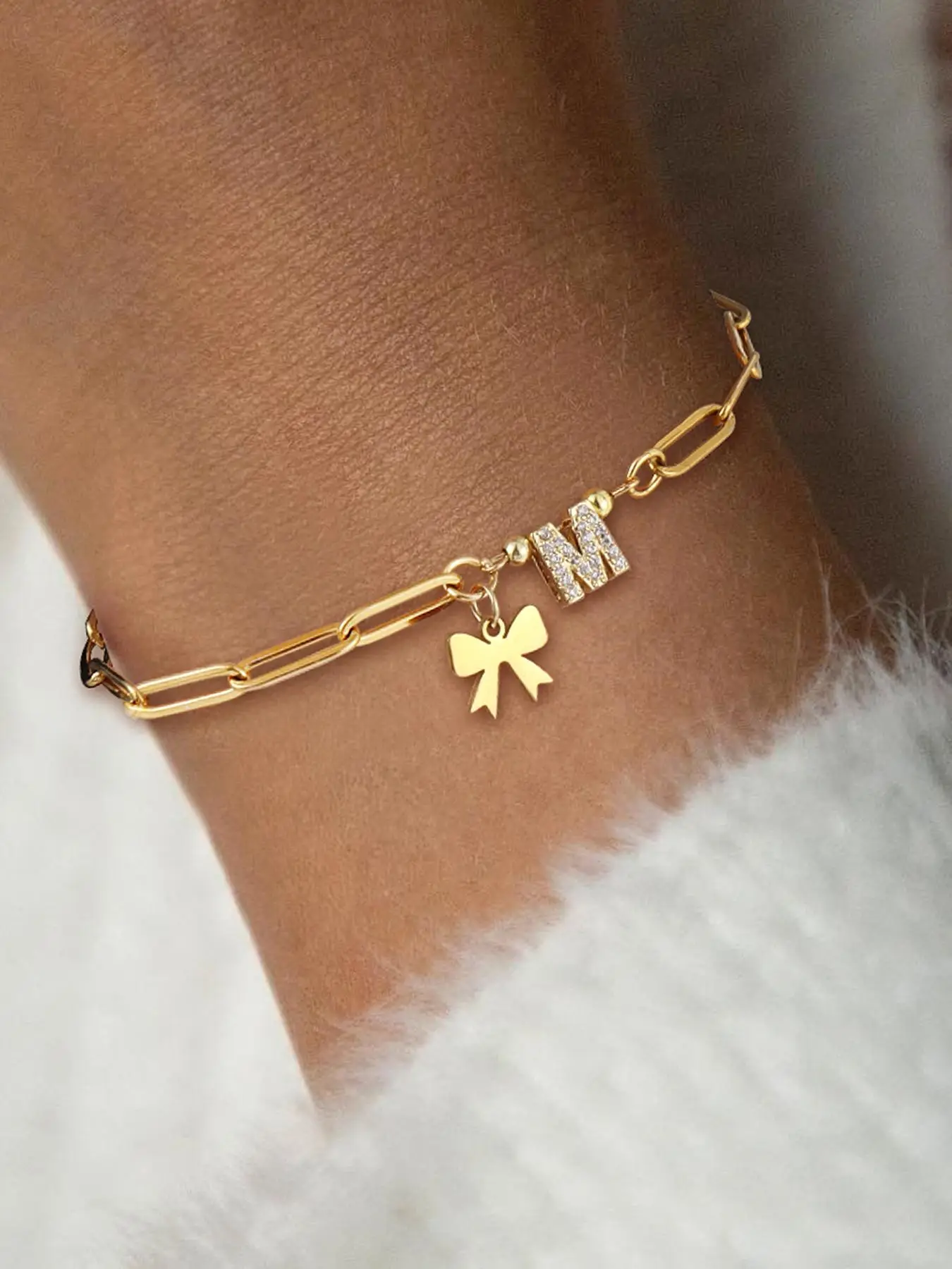 Bowknot Design Initial Bracelet, Initial Charm Bracelets, Gifts for Girlfriend, Rhinestone Decorated Link Bracelet for Women & Girls, Fashion Personal