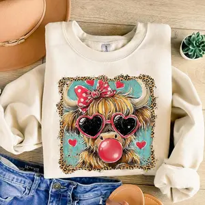 Highland Cow Sweatshirt, Coquette Valentine Sweatshirt, Valentine Heart Love Sweatshirt, Retro Valentine Sweater, Valentine’s Day Gift
