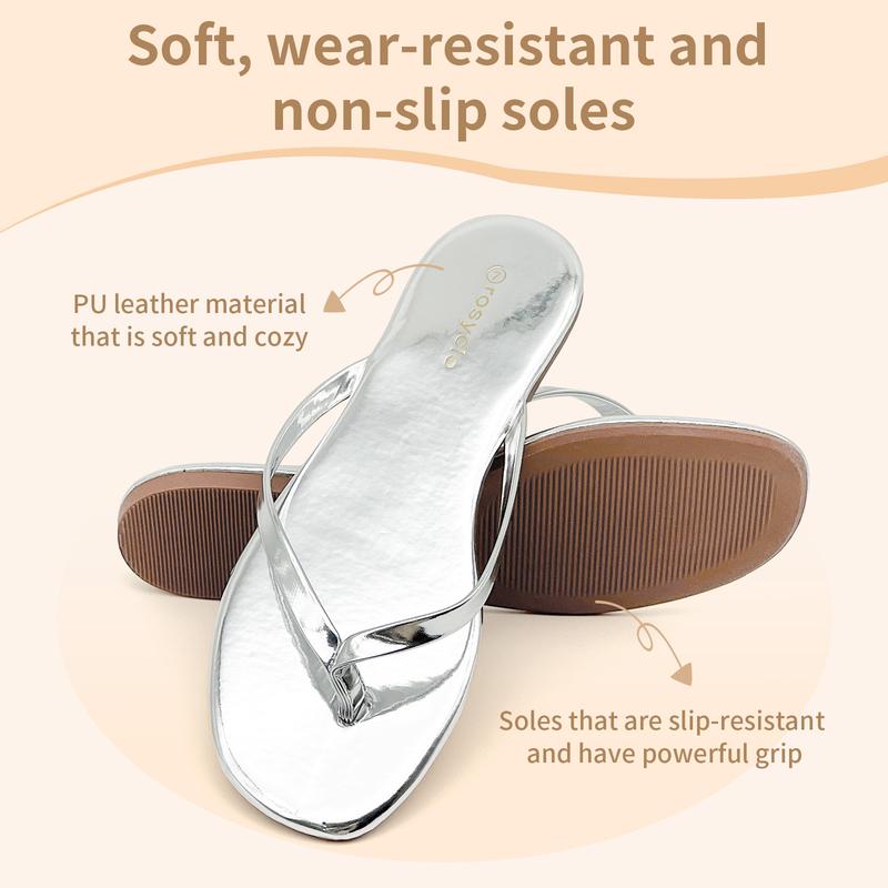 Lumubby Classic Women's PU Flat Flip-Flops Durable Slip-Resistant Slippers for Indoor Outdoor Beach Pool Use Square-Toe Design Mirror-Surface Finish Unisex Stylish Lightweight