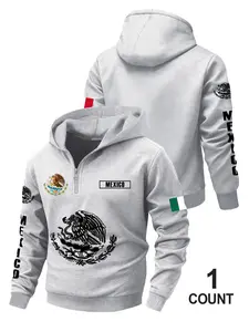 Men's Mexico Emblem Half-Zip Hoodie, Graphic Print, Fitted Casual Style, Warm Lining, Patriotic Culture Wear, Spring & Fall