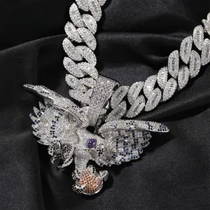 Iced Out Falcon Pendant Necklace, 18K White Gold Plated Hip Hop Jewelry for Men, Fully Flooded CZ Hawk Charm Chain, Dark Luxury Streetwear Style, Powerful Eagle Totem Pendant, Rapper Fashion Biker Rockstar Aesthetic, Trendy Masculine Jewelry Gift