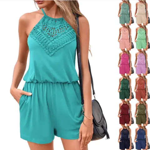 FMEYOA Womens Rompers Casual Summer Rompers Short Halter Jumpsuits Solid Color Elastic Waist Outfits with Pockets Cotton Womenswear