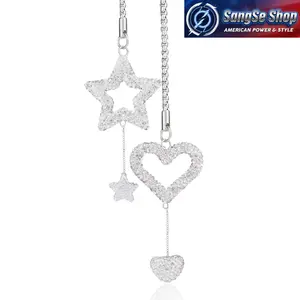 Double Heart Car Mirror Charm, Rhinestone Rearview Mirror Pendant for Women, Bling Crystal Car Hanging Ornament, Cute Auto Interior Accessory for Dashboard and Daily Car Decoration