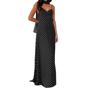 Women's Multicolor Casual Polyester Sleeveless Deep V-Neck Long Dress - Adjustable Spaghetti Straps, Backless Summer Polka Dot Design, Included Scarf