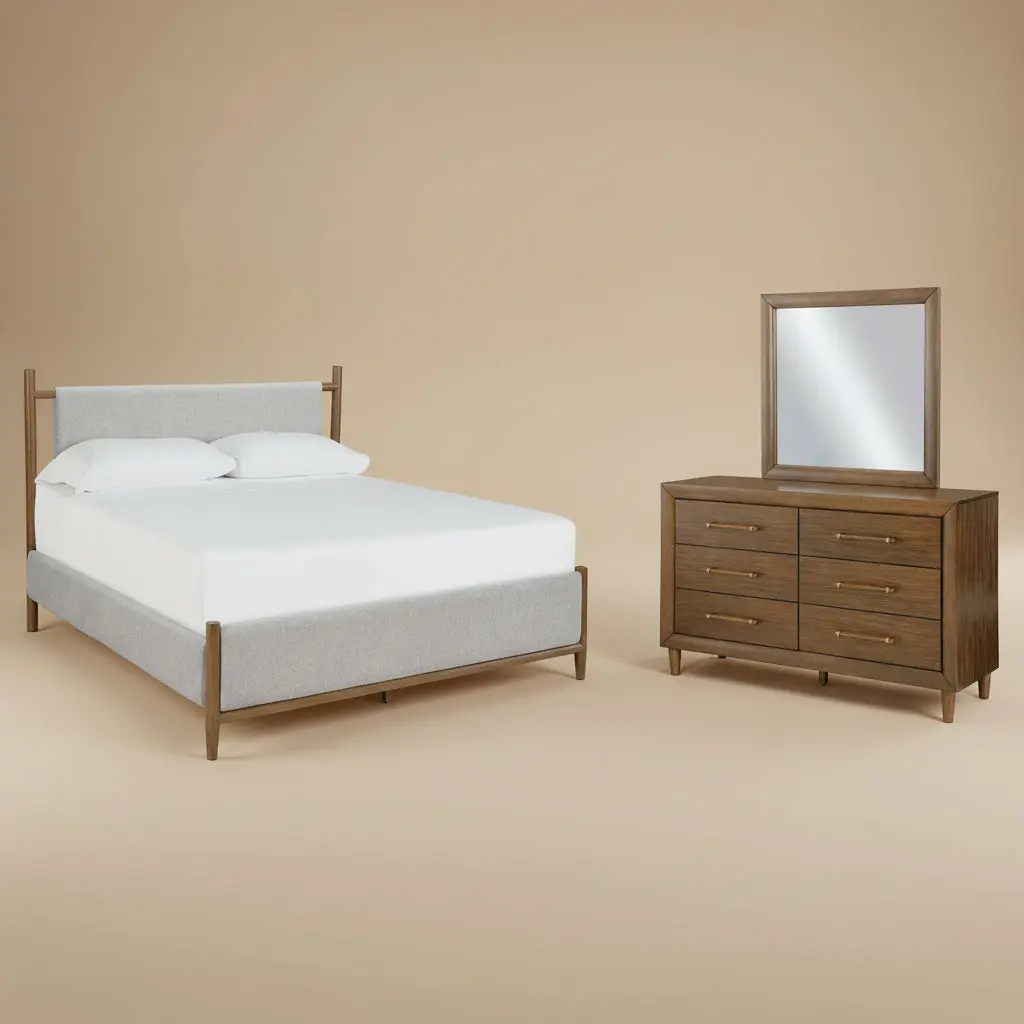 Lyncott California King Upholstered Bed with Mirrored Dresser