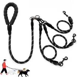 Three-head detachable pet leash separator without winding three-dog walking leash belt main rope cushion handle heavy duty reflective double handle safety training dog leash size medium dog universal
