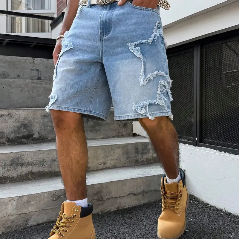 Light Blue American Vintage Washed Denim Five-Pocket Shorts for Men, Summer Loose-Fit Baggy Slimming Wide-Leg Star-Print Casual Casual Wear Shorts