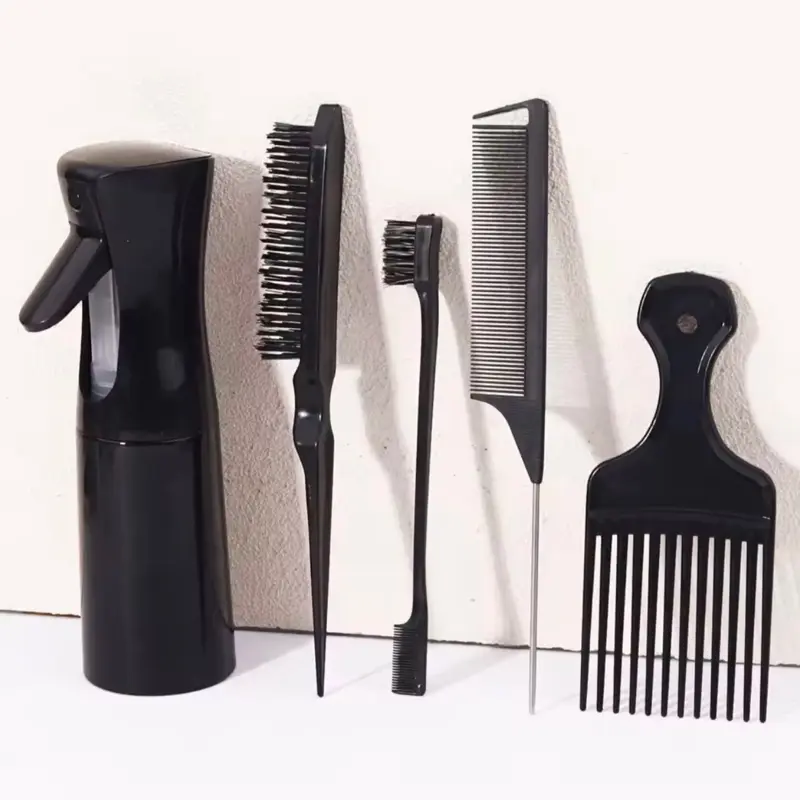 5-Piece Hairdressing Tool Set – Edge Brush, Rat Tail Comb, Detangling Comb & Spray Bottle | Wig & Styling Kit