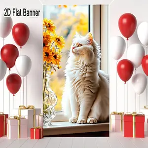 2D flat banner, 1pcCozy Sunlit White Long-Haired Cat on Window Ledge with Yellow Flowers, Autumn Foliage Background - Adorable Pet & Floral Decor Inspiration for TikTokgalentines party decor, valentine day decor, decorations for valentines day