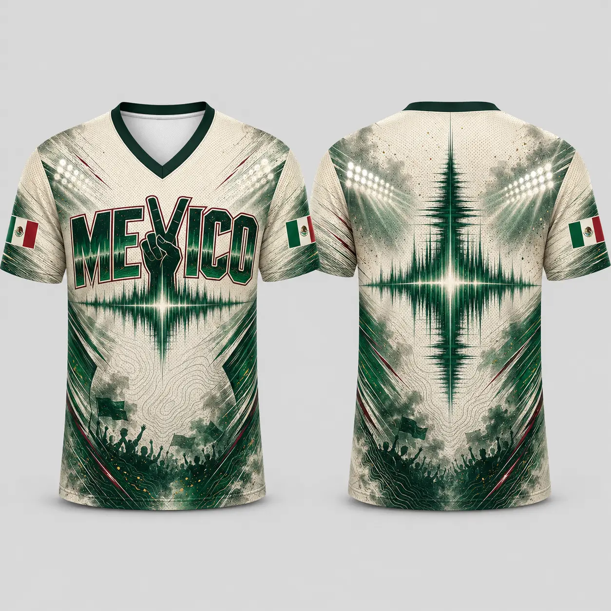 Men's V-Neck Sports Top, Mexican-Inspired Festival Shirt with Front and Back Soundwave Graphic and Silhouette Artwork, Male