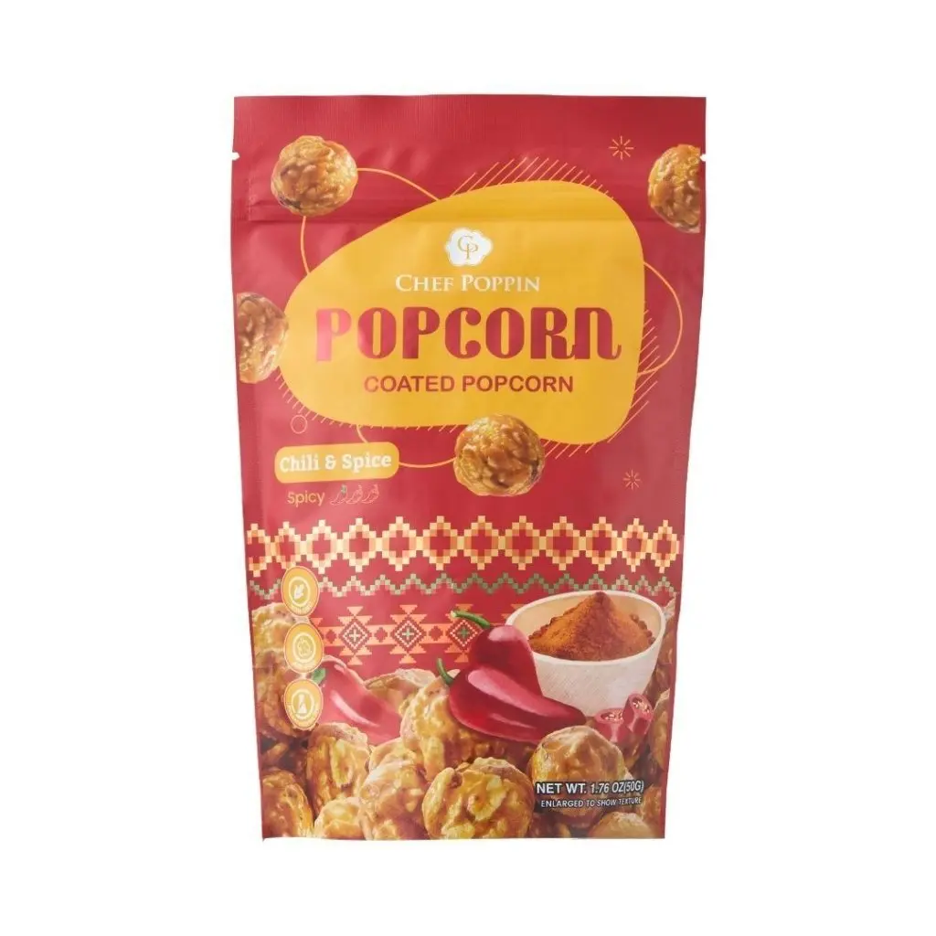 Chef Poppin Gourmet Coated Popcorn Snack - Chili & Spice Flavor with Onion, Black Pepper, Maltose Syrup, No MSG, Crunchy Party Snacks, 50g