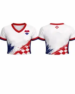Croatia Soccer Croptop Jersey | Women Football Fan Shirt | Red White Checkerboard Fan Tee