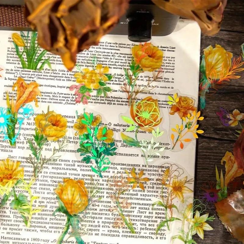 1Set 240PCS Holographic Golden Foil Plant Stickers,Transparent Shiny Plant Stickers,Holographic Design Glitter Flower Book Stickers,Multi-purpose Application,Suitable for Diaries,Notes, Christmas Resin Art Decoration