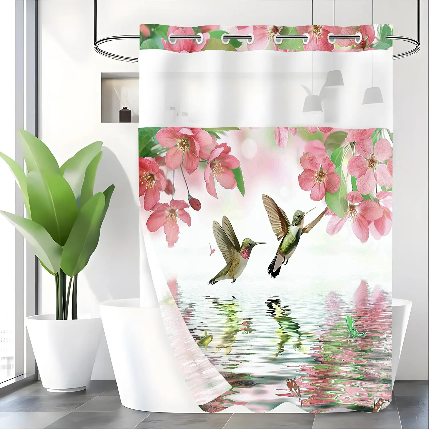LVRLVR 1pc Spring Cherry Blossom Hummingbird Decorative Shower Curtain with Sheer Top Window, Detachable Liner & No Hook C-Ring, 70.8" x 74"