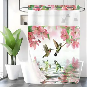LVRLVR 1pc Spring Cherry Blossom Hummingbird Shower Curtain with Sheer Top Window, Detachable Liner & No Hook C-Ring, 70.8" x 74"
