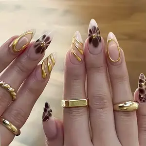 24pc Almond Shape Nail Stickers, Y2 Crocodile Pattern, Handmade Gold Flower Short/medium Glossy False Nails, Minimalist & Versatile, Party & Holiday Ready