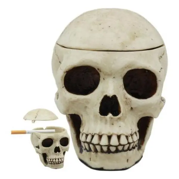 Day of The Dead Hand-Painted Skull Ornament - Ossuary Statue with Lid, Multi-Functional Key Holder, Human Cranium Ashtray & Jewelry Box for Home Decor