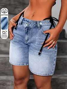 Women's Denim Shorts, High Waist Loose-Fitting, Button Fly, Pocket Design, Casual Summer Wear, Elegant Style, Chic, Perfect for Leisure